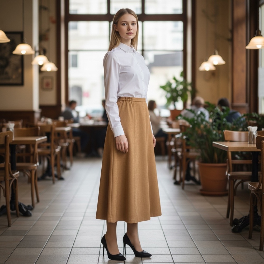 Notations PL‎ Camel Faux Suede Midi Skirt • Boho Western Retro 90s Academia Chic